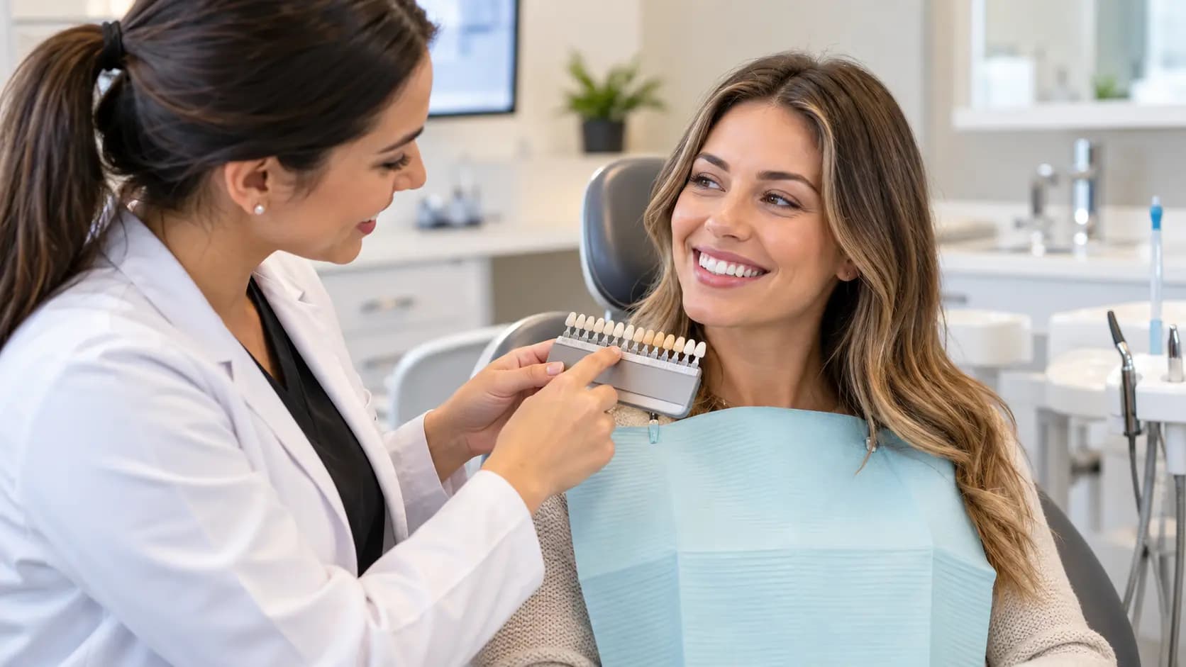 Dentist explaining teeth whitening results to a patient at a modern dental clinic in Milton, Ontario.