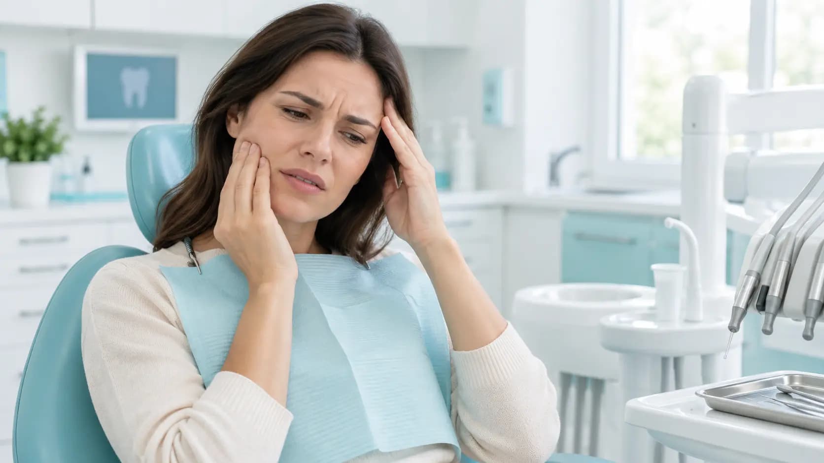 Woman holding her cheek and temple with an expression of discomfort in a dental clinic.
