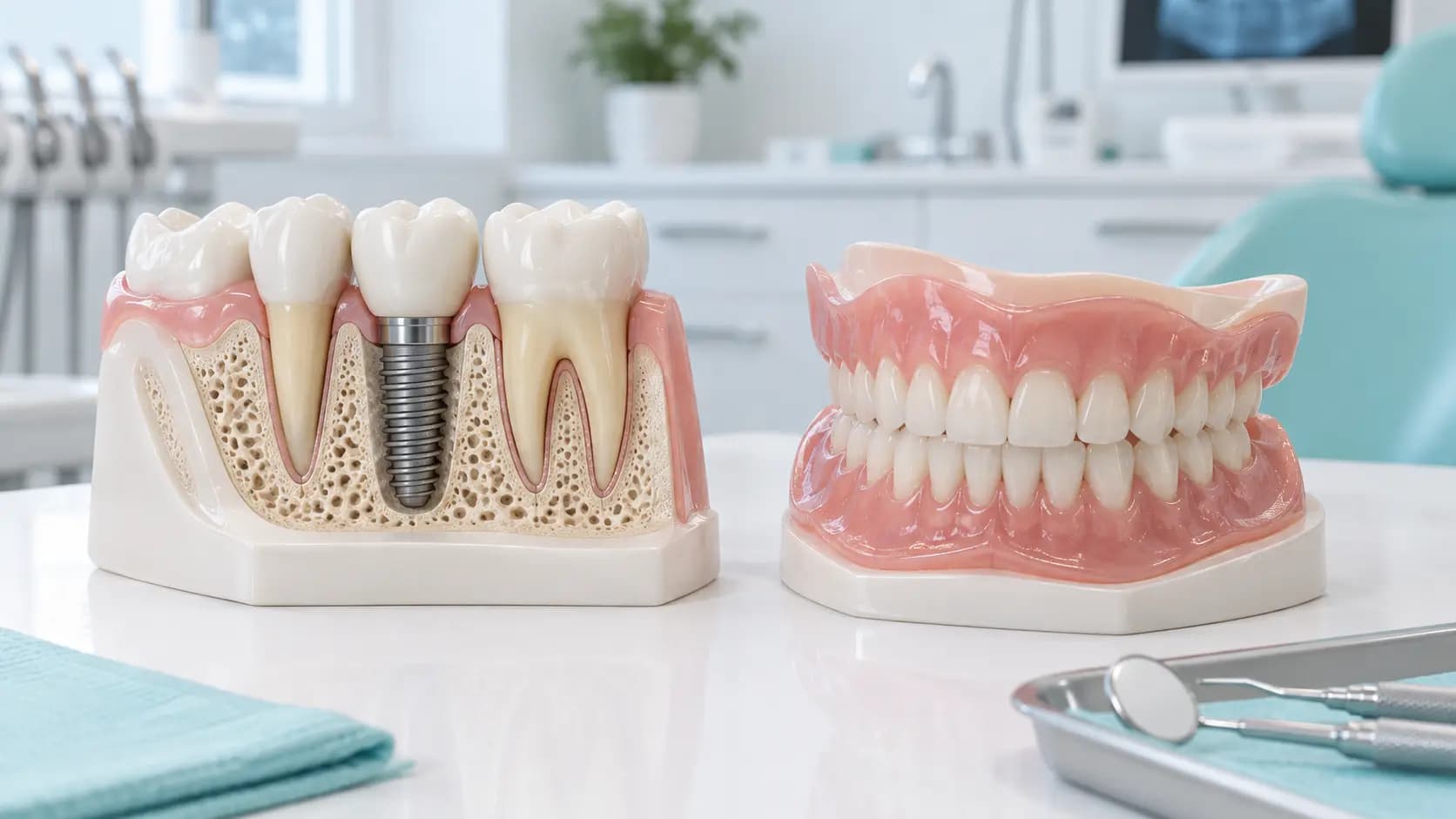 Dental models showing an implant-supported tooth beside a removable denture.