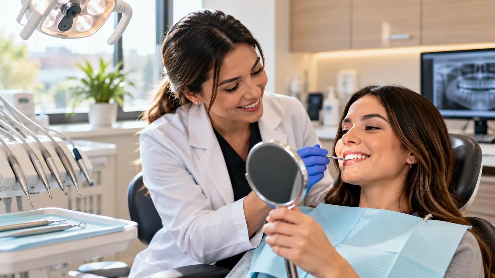 Dentist examining a patient's teeth and discussing tooth stain removal during a dental appointment.