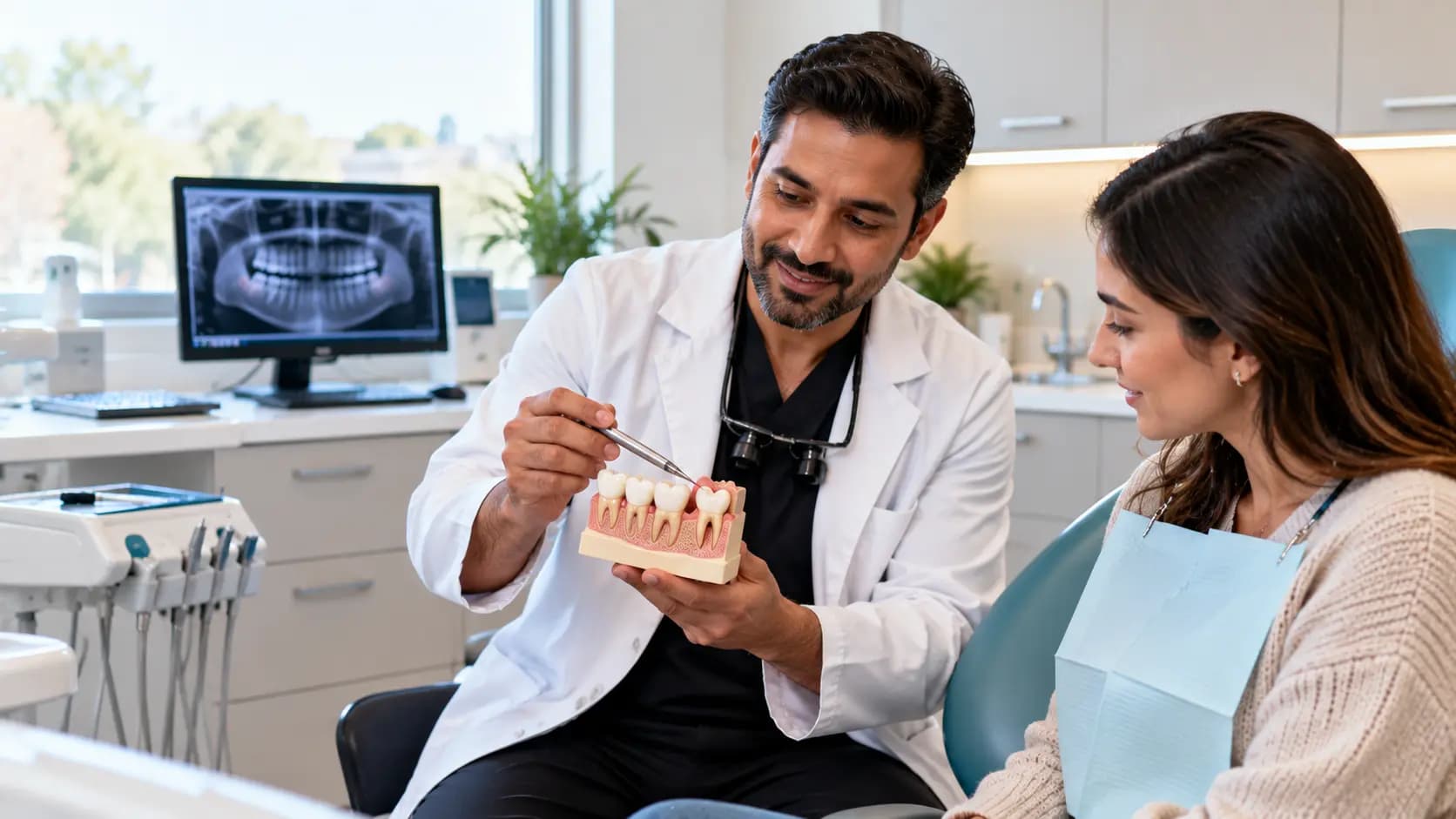 Dentist explaining wisdom tooth extraction to a patient using a dental jaw model during a consultation.
