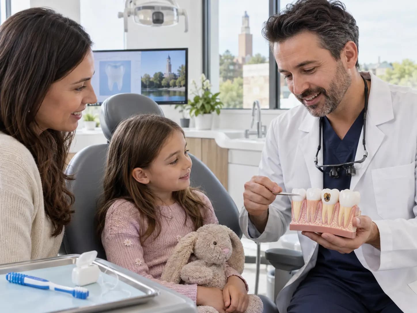 Dentist giving cavity prevention tips to a family in Milton during a dental checkup