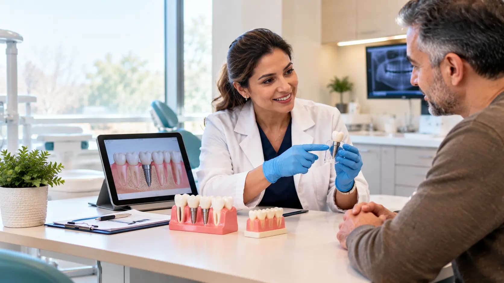 Dentist explaining different dental implant options to a patient using a dental implant model.